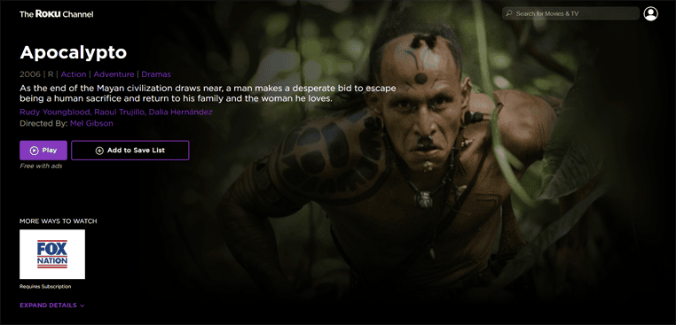 Apocalypto op The Roku Channel Apocalypto streaming gratis op The Roku Channel