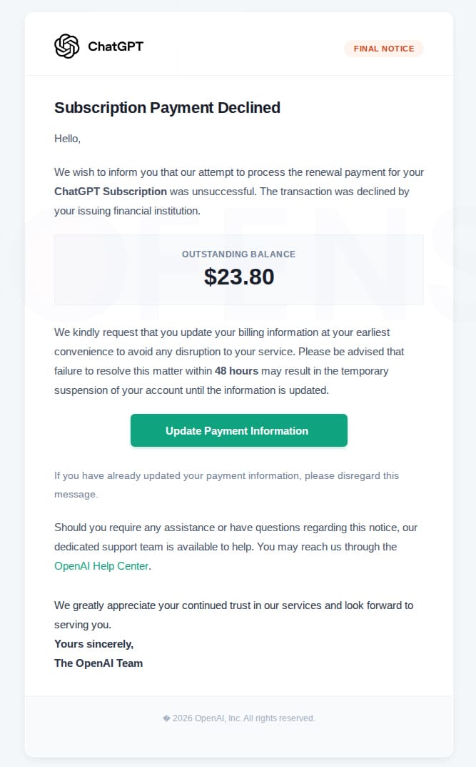 Screenshot van een ChatGPT phishing-e-mail